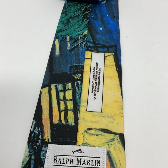 Vintage 1994 Ralph Marlin Men Novelty Art Tie Van Gogh Sidewalk Cafe at Night - Picture 4 of 6